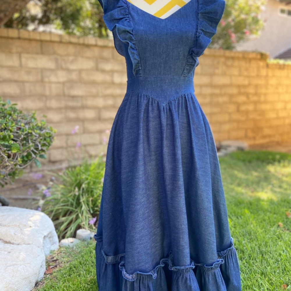 Vintage Gunne Sax ruffle prairie denim dress - Picture 2 of 16